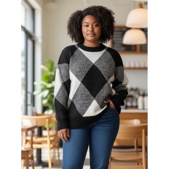 Black Sweaters - (C-83)Industry Republic Wool Blend Argyle Sweater Black Gray White Size M/M New‎